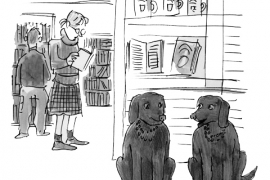 a cartoon of two black labradors in the Swarthmore bookstore talking to one another